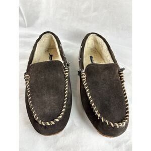 Lands End Brown Suede Slippers Moccasins Fleece Lined Size 8 Rubber Soles Womens